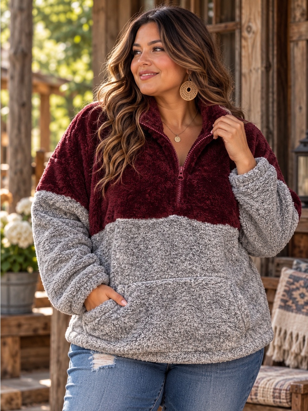 Zenana Outfitters Cozy Sherpa Pullover Fleece - Burgundy & Light Gray 2X